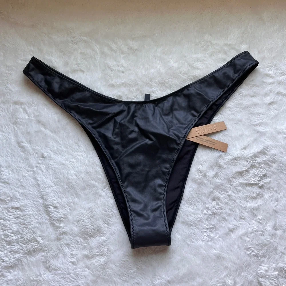Skims Micro Pleather Swim Micro Tanga Bikini Bottom Onyx Black 2X SW-TAN-0159